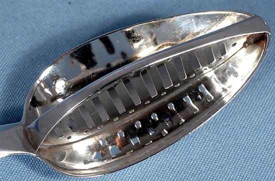 A large George III Irish silver strainer spoon, Length; 13 ¼”/337mm Weight: 4.6oz/130 grms.